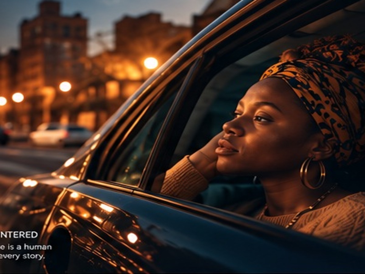 A woman reflecting in a car at dusk